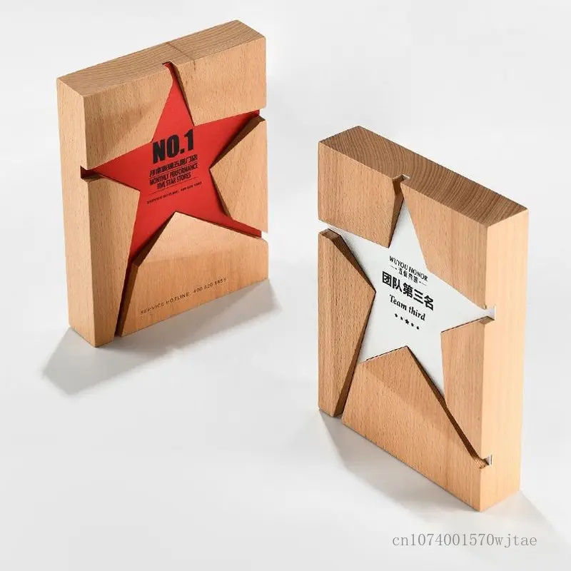 

Creative solid wood pentagram trophy Customized embedded metal aluminum piece Home decor company meeting staff award gift trophy