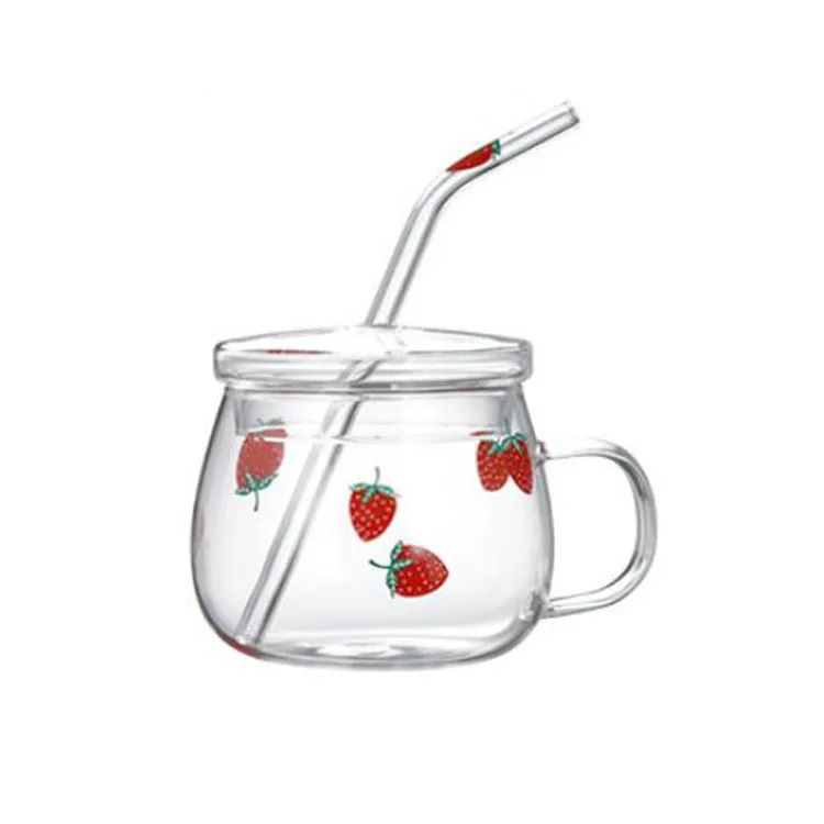 Whaline 2 Pack Strawberry Iced Coffee Glasses - 16oz Cute Glass Cups With Lids & Straws, Novelty Drinkware