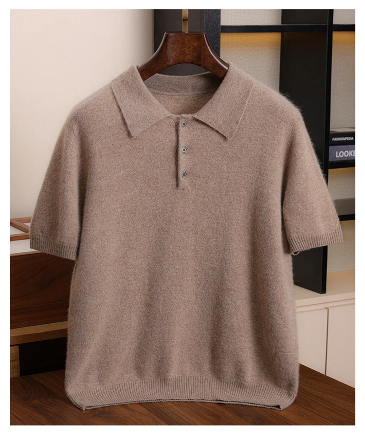 قميص بولو رجالي قصير الأكمام من الكشمير 100٪ للأعمال والملابس غير الرسمية، سترة للربيع والصيف