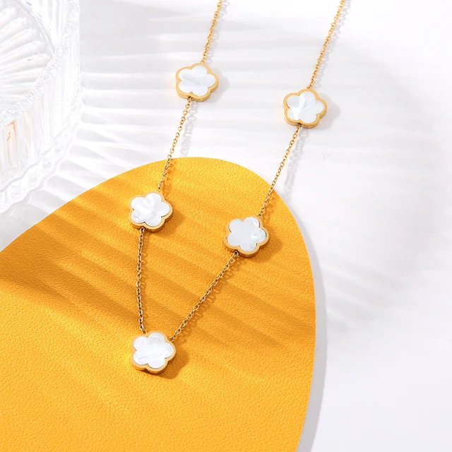 GANEMLY 316L Stainless Steel White Five Leaf Flower Necklace For Women Fashion Waterproof Clover Neck Chain Jewelry Collar Gift 4