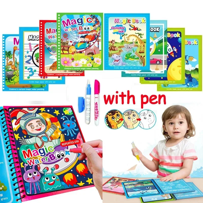 Children Early Education Toys Magical Book with Pen Water Drawing Montessori Toys Gift Reusable Coloring Book Magic Drawing Book 2