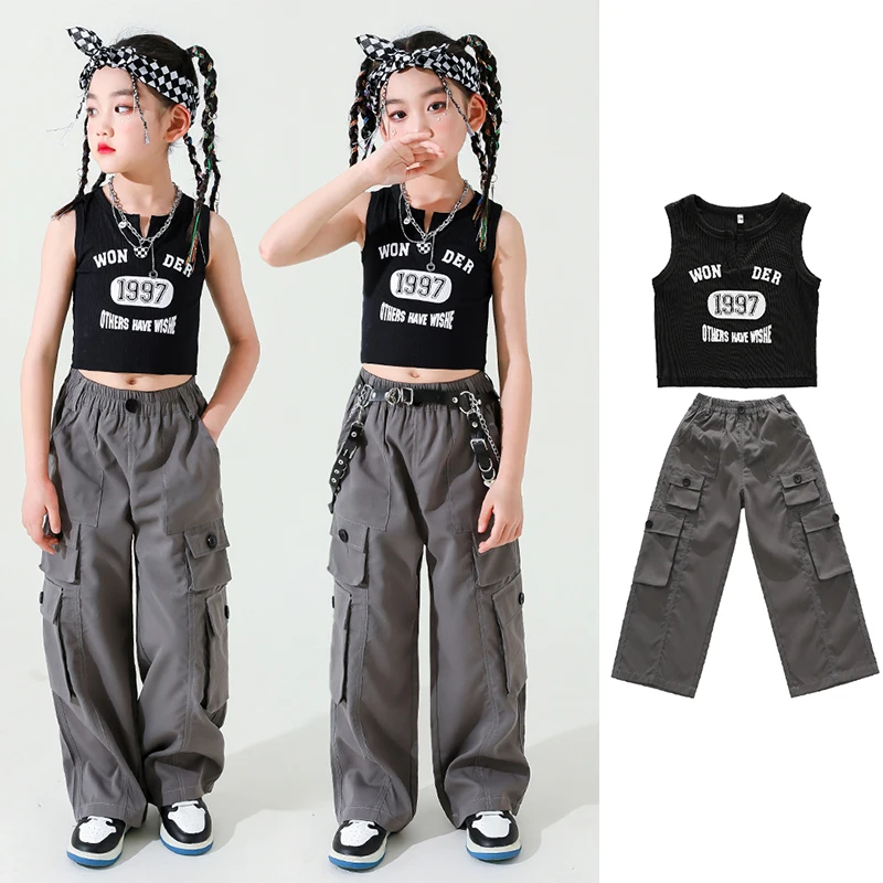 

Одежда Kpop, одежда в стиле хип-хоп для девочек, черные топы, серые брюки-карго, детская одежда для уличных танцев и представлений, одежда для джазовых танцев YS4906