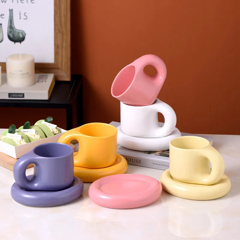 

Ceramic Coffee Mug With Saucer Set Novelty Cute Fat Handle Cup For Office And Home For Latte Tea Milk