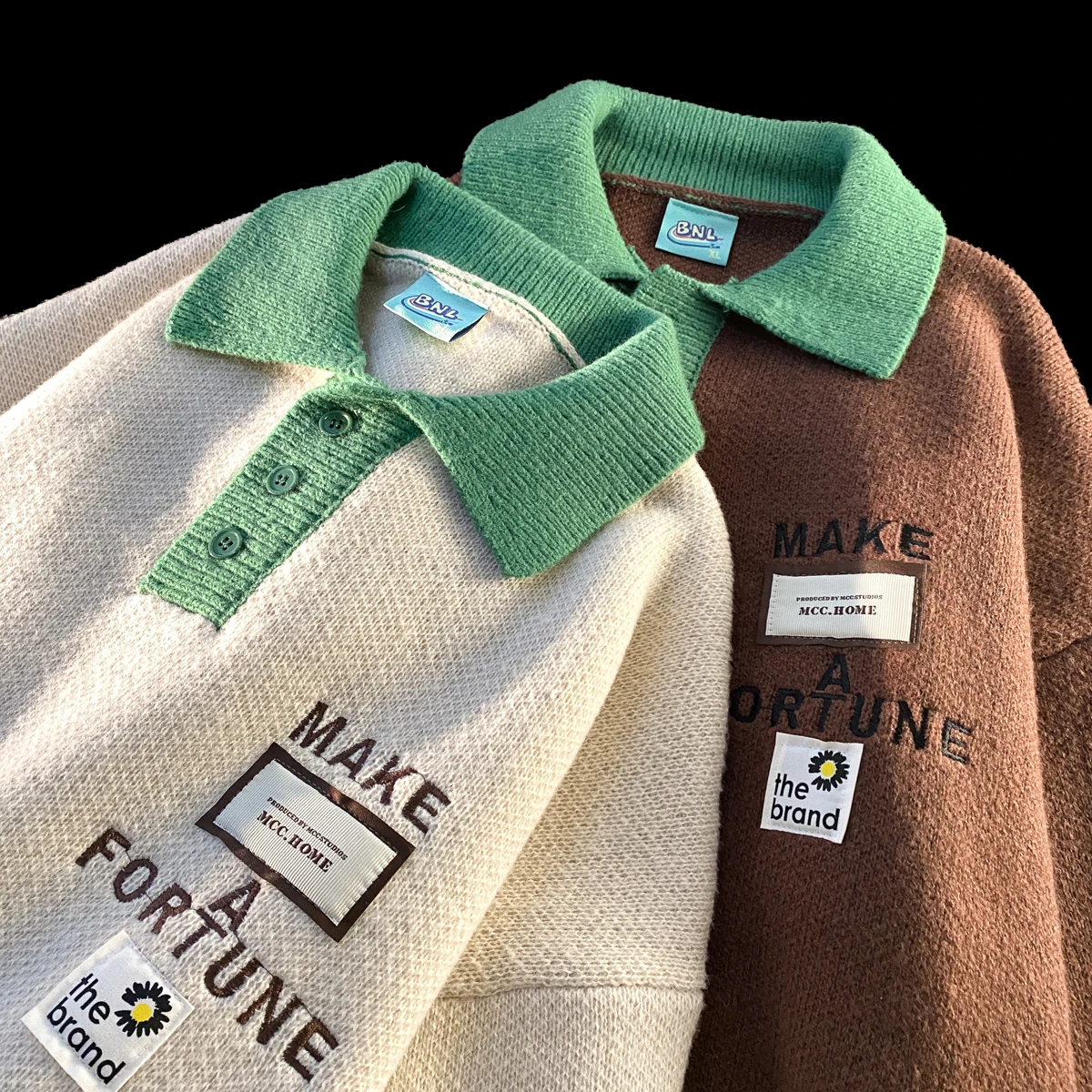 

Ins High Street Cute Embroidery Buttons POLO Shirt Sweaters for Mens Baggy Oversized Pullover Harajuku Streetwear Winter Clothes