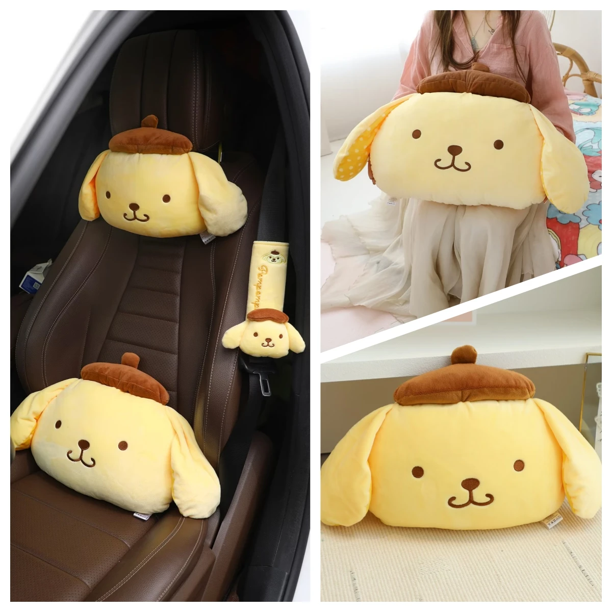 Sanrio Cute Pom Pom Purin Plush Toy Headrest Seat Belt Cover Back Cushion For Car Seat Throw Pillow Sofa Bed Xmas Gifts Girl