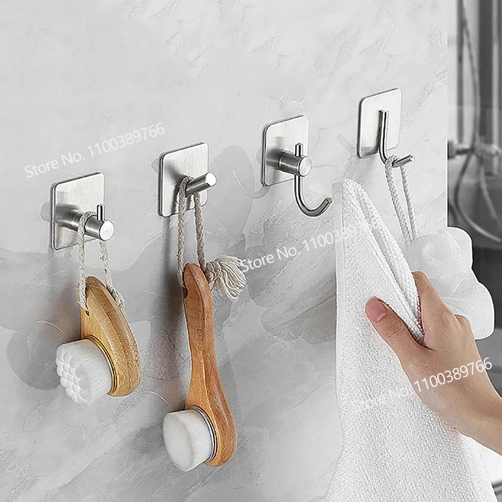 Self Adhesive Hooks 304 Stainless Steel Wall Hook Office Hooks Bathroom  Coat Towel Hanger Hanging Keys for Kitchen Stick on Wall