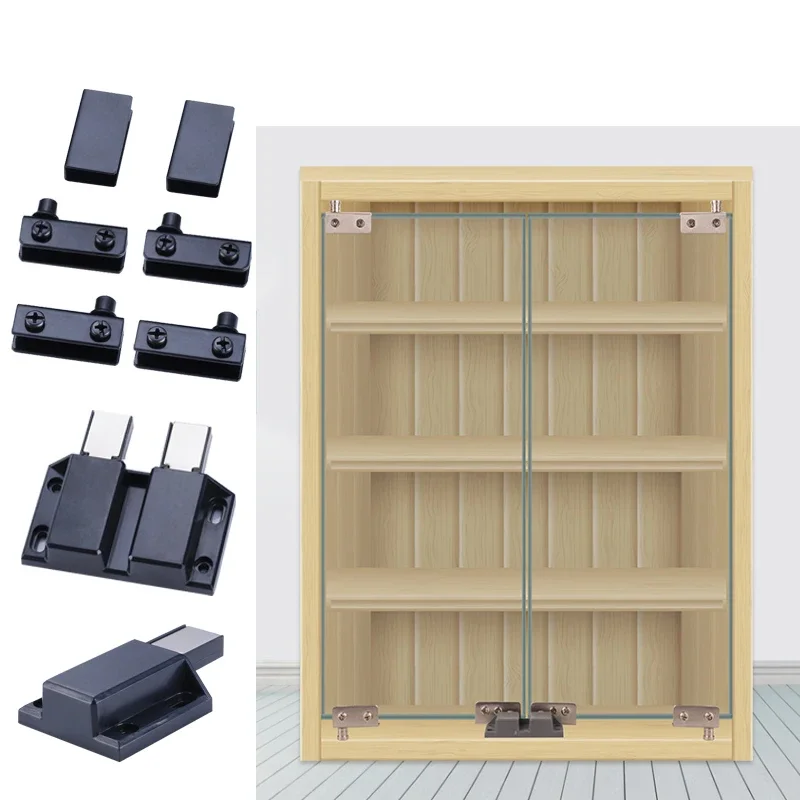 2 Sets Glass Door Hinges Push to Open Swivel Rotation Axis Clamps Stainless Steel Showcase Cabinet Hinge Clips Double/Single Stainless Steel Clips