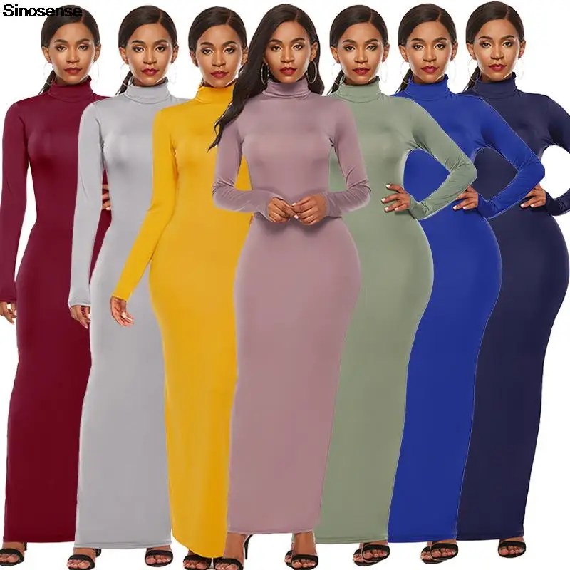 

Women's Turtleneck Long Sleeve Plain Maxi Dress Solid Color Casual Long Dress High Stretchy Slim Fit Bodycon Pencil Dress 5XL