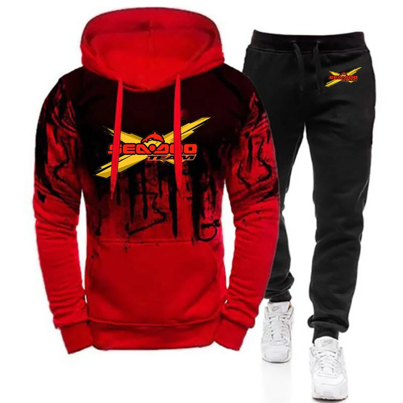 2023 Spring Autumn Sea Doo Seadoo Moto Logo Print Long Sleeve Gradient Color Hoodies Casual Coat+Sport Trousers High Quality Set