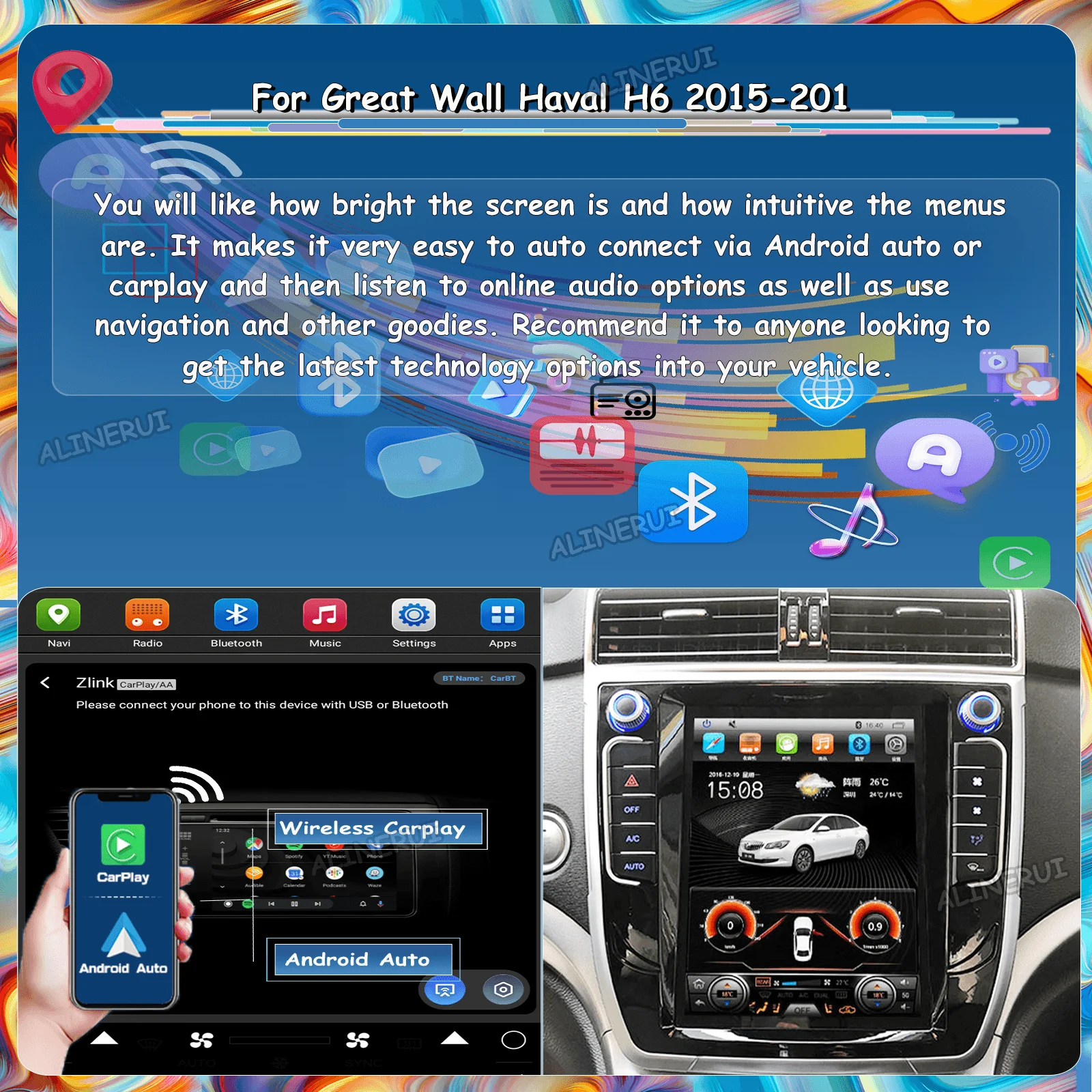 

Автомобильный беспроводной Carplay Android 13 экран для Great Wall Haval H6 2015-2021 Авторадио Bluetooth Радио Блок Центральный Мультимедиа 1 Din