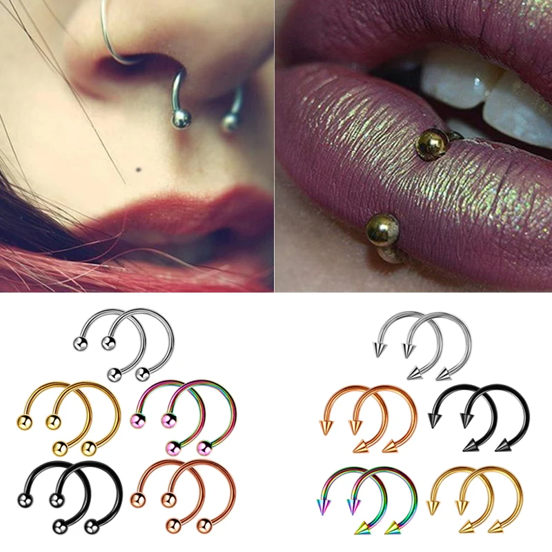 Stainless Steel Cone Spike Horseshoe Circular Septum Nose Ring Nipple Hoops Nose Septum Eyebrow Ear Piercing Body Jewelry 2Pcs