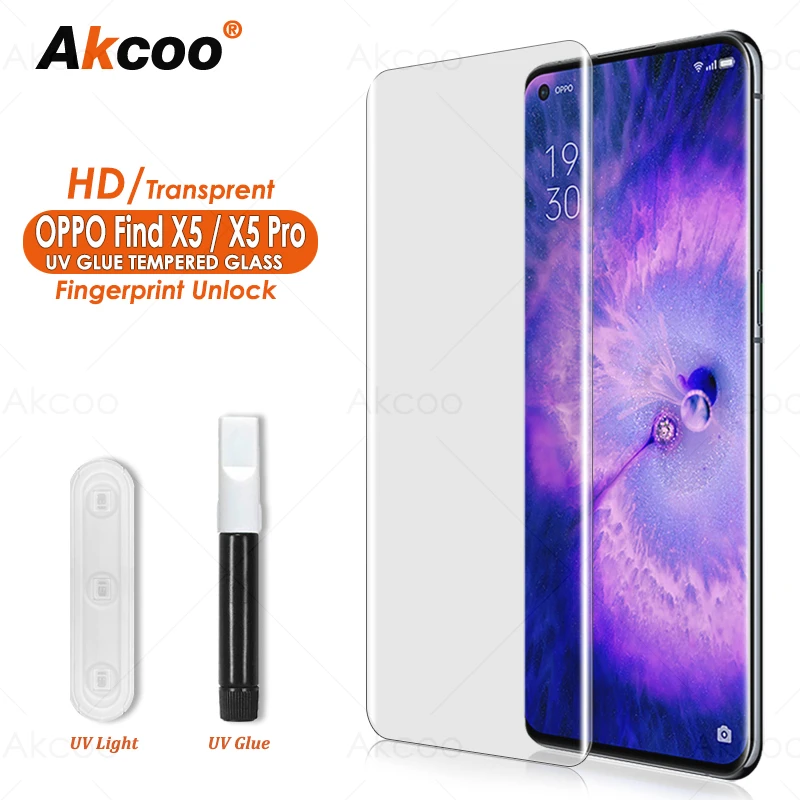 

Akcoo for OPPO Find X5 Pro Screen Protector UV liquid full screen glue tempered glass film for OPPO Find X X2 X3 Neo X5 5G Guard