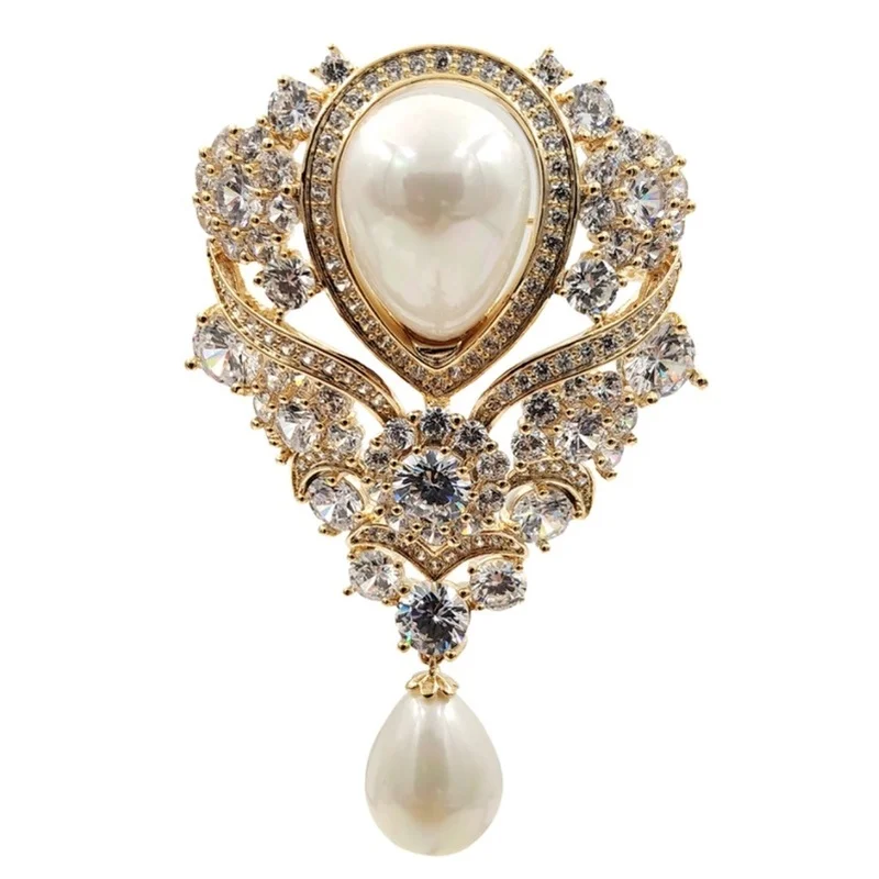 

Vintage Ribbon Scroll Imitated Pearl Drop Wedding Bridal Brooches Luxury Jewelry