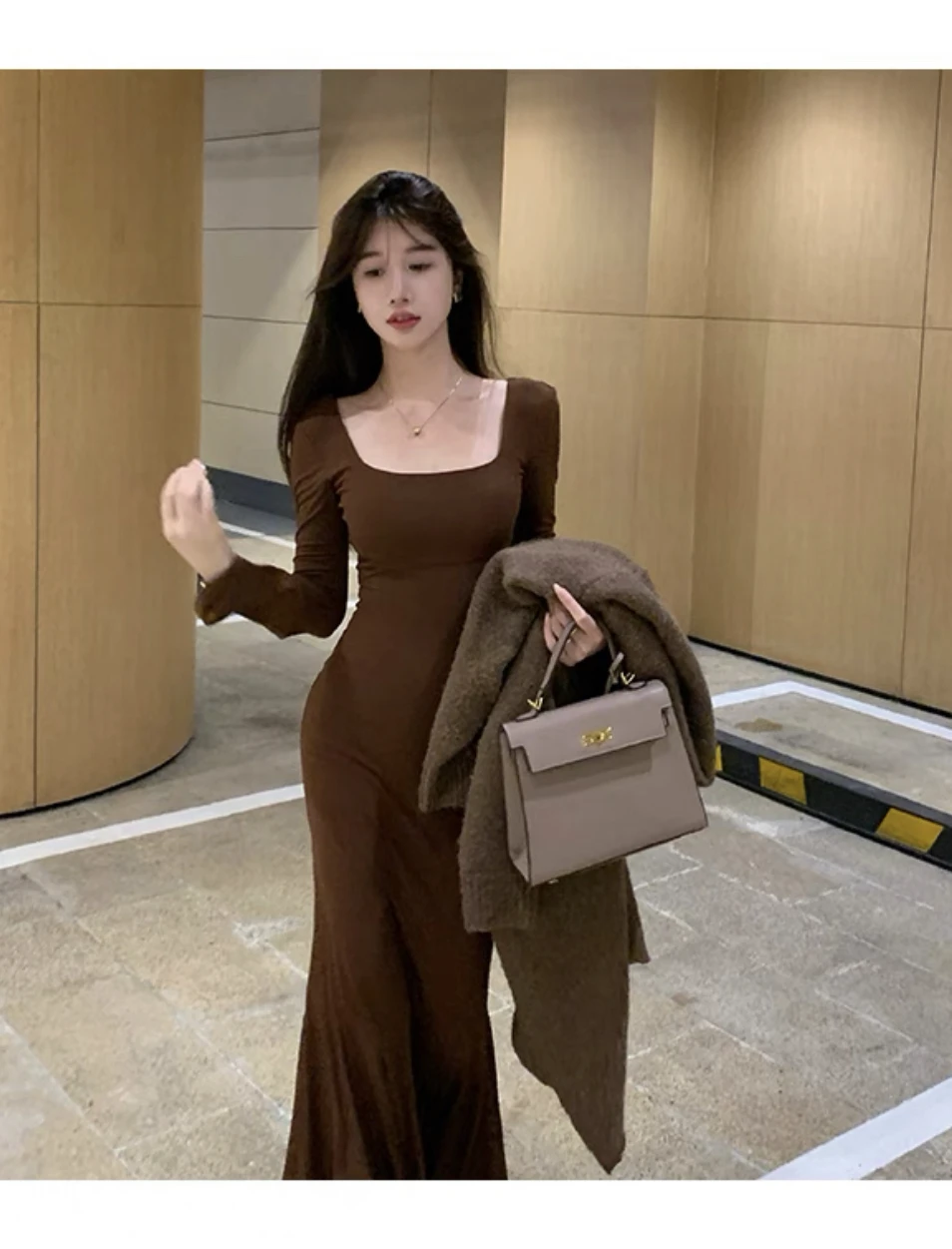 Vestidos largos de moda de otoño para mujer, mangas largas, cuello cuadrado, estilo coreano, corte entallado, sirena, elegantes, básicos, lisos, nuevos