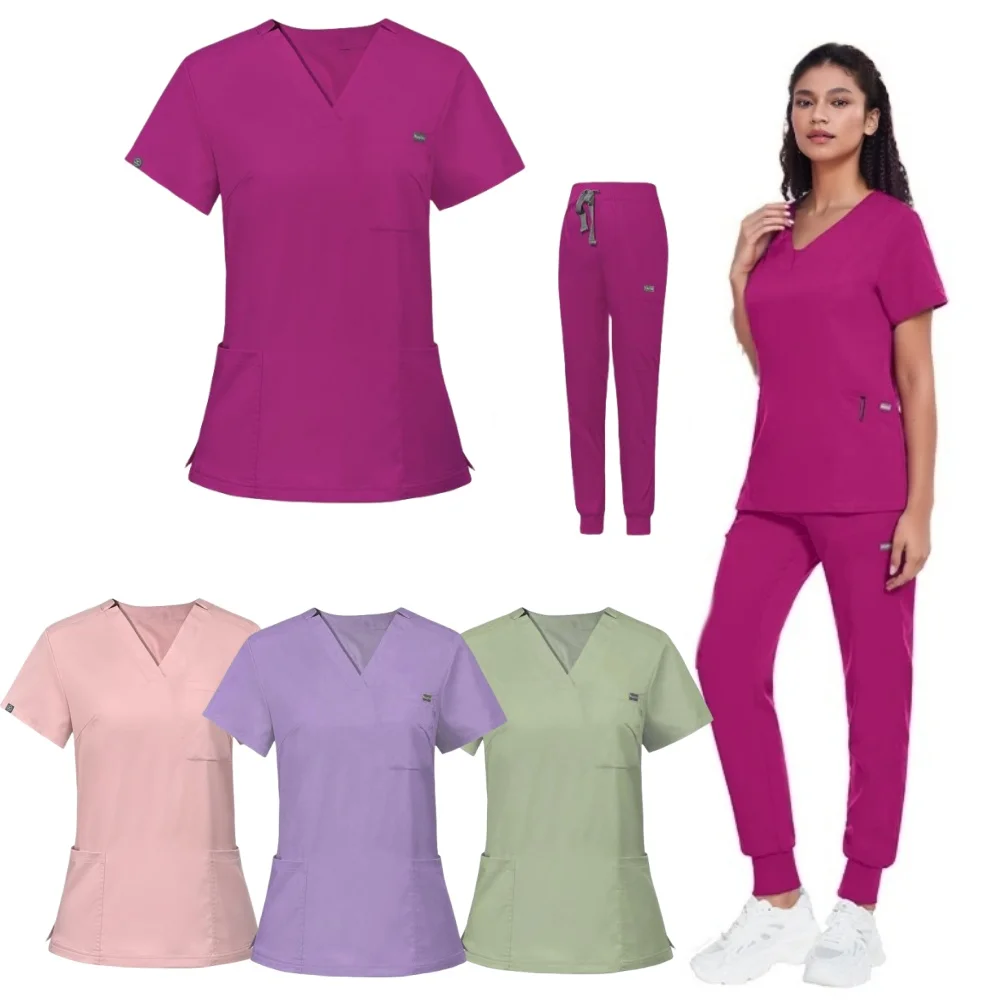 

Fashionable Joggers Nursing Uniform Medical For Women Scrubs Set Heath Care Top And Pants Six Pocket Spa Uniforms