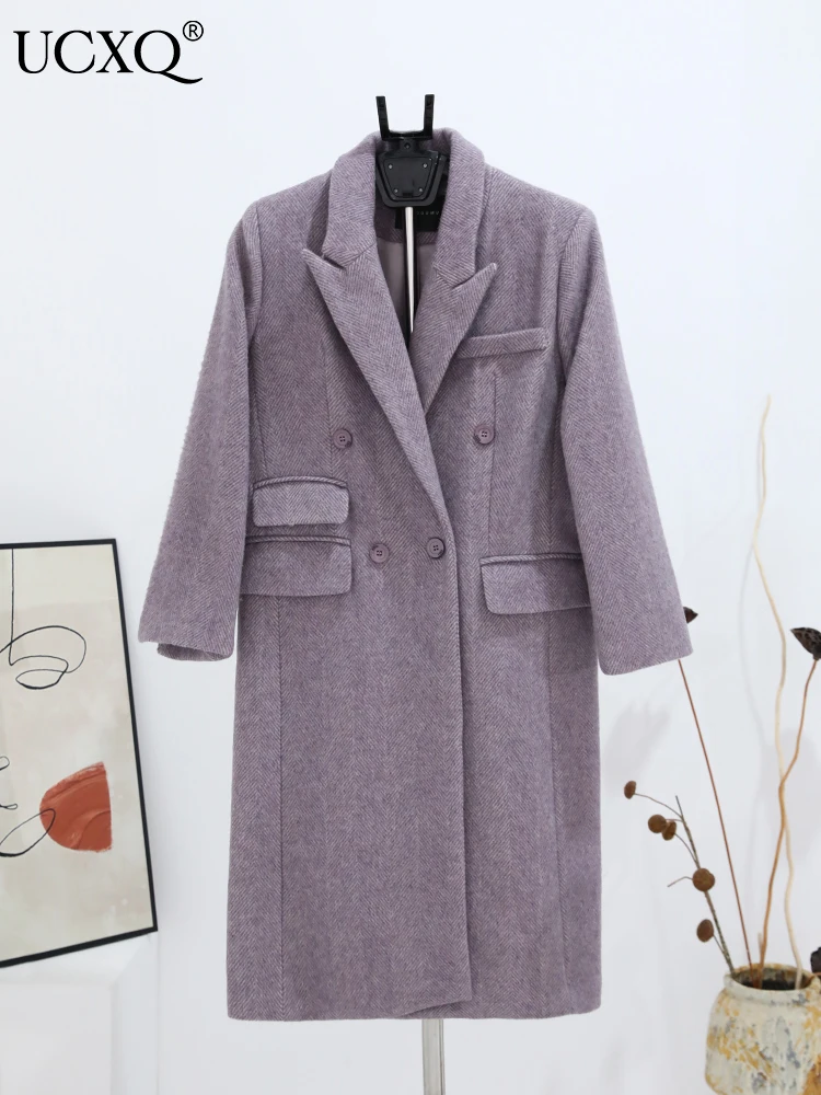

UCXQ Wool Jacket Autumn 2023 New High Quality Notched Double Breasted Long Coat Casual Loose Purple Woolen Outerwear 23A2448