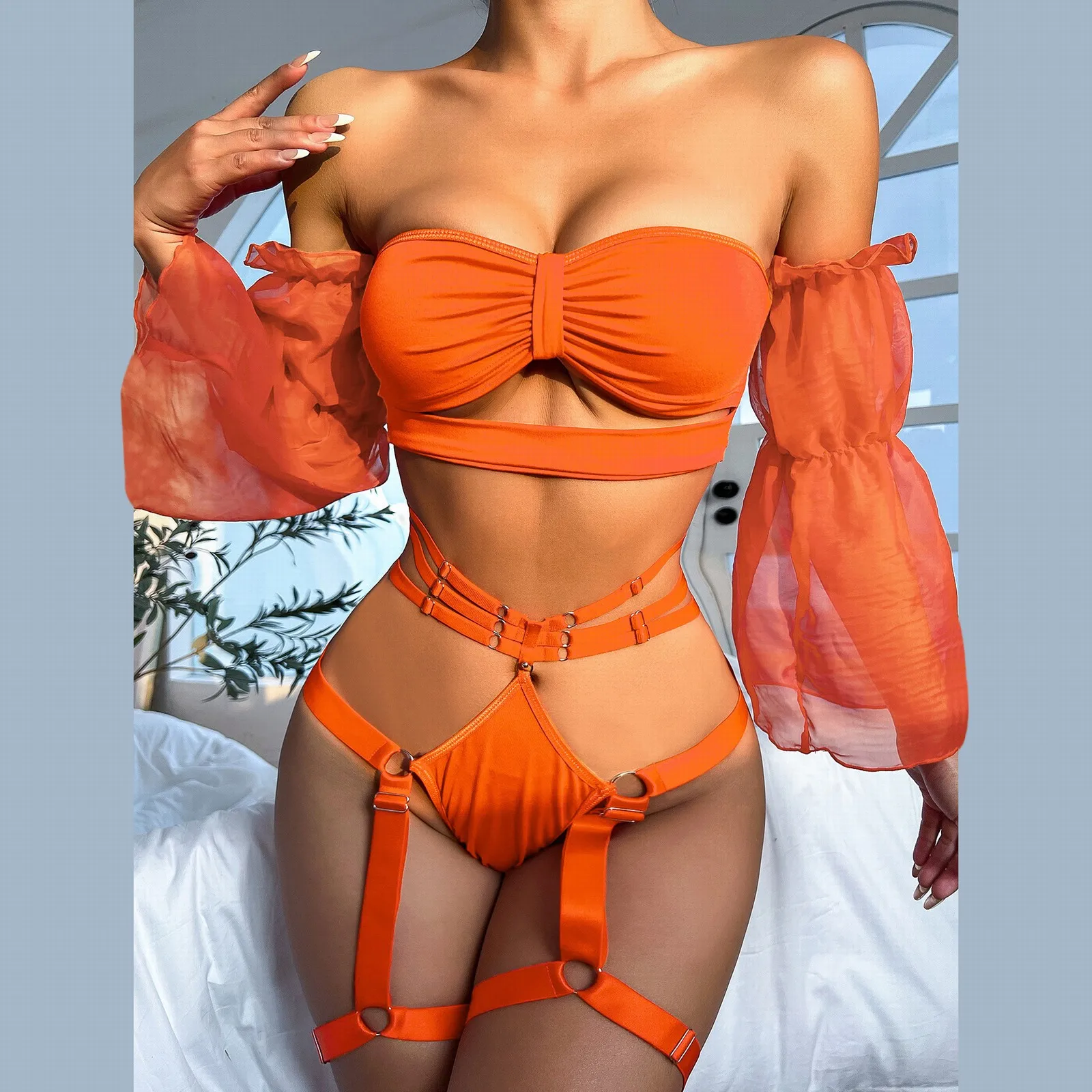 

One Word Off The Shoulder Wrapped Chest Leak Two Shoulders Collarbone Five Point Lace Sleeve Suspenders Womens Corsets Lingerie