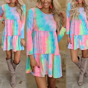 New Spring Autumn long sleeve Dress tie dyed printed Ruffles patchwork high waist mid-length Pleated Dress