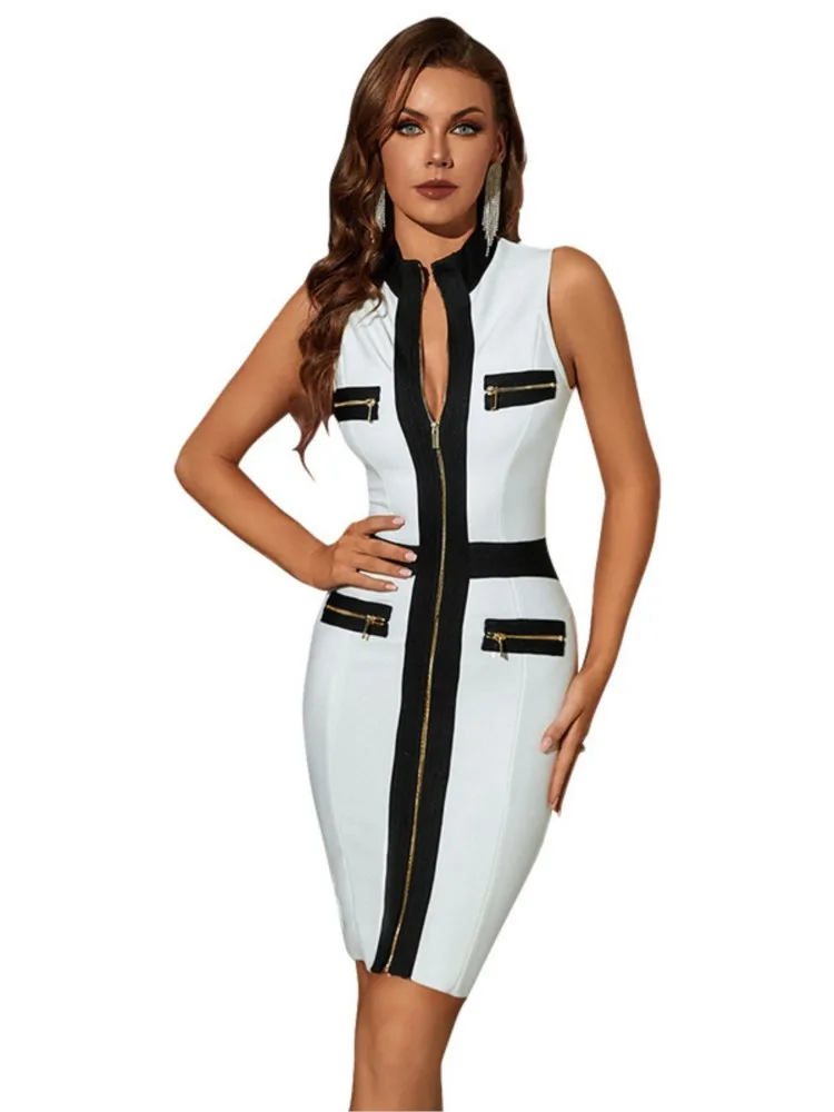 

Pocket Zipper Design Sleeveless Wrapped Hip Bandage Fashion Party Dress