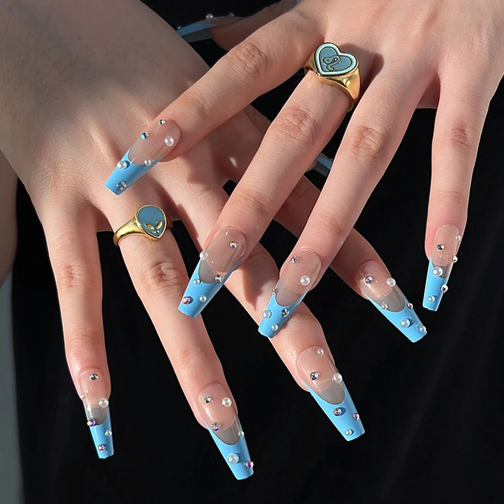 24pcs Diamond False Blue French Nails Glitter Rhinestones Designs Long  Coffin Ballerina Press On Fake Nails Full Cover Nail Tips - False Nails -  AliExpress