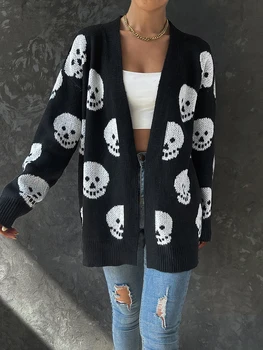 Women s Halloween Casual Knit Cardigan Long Sleeve Open Front Skull Print Knitwear Sweater 5