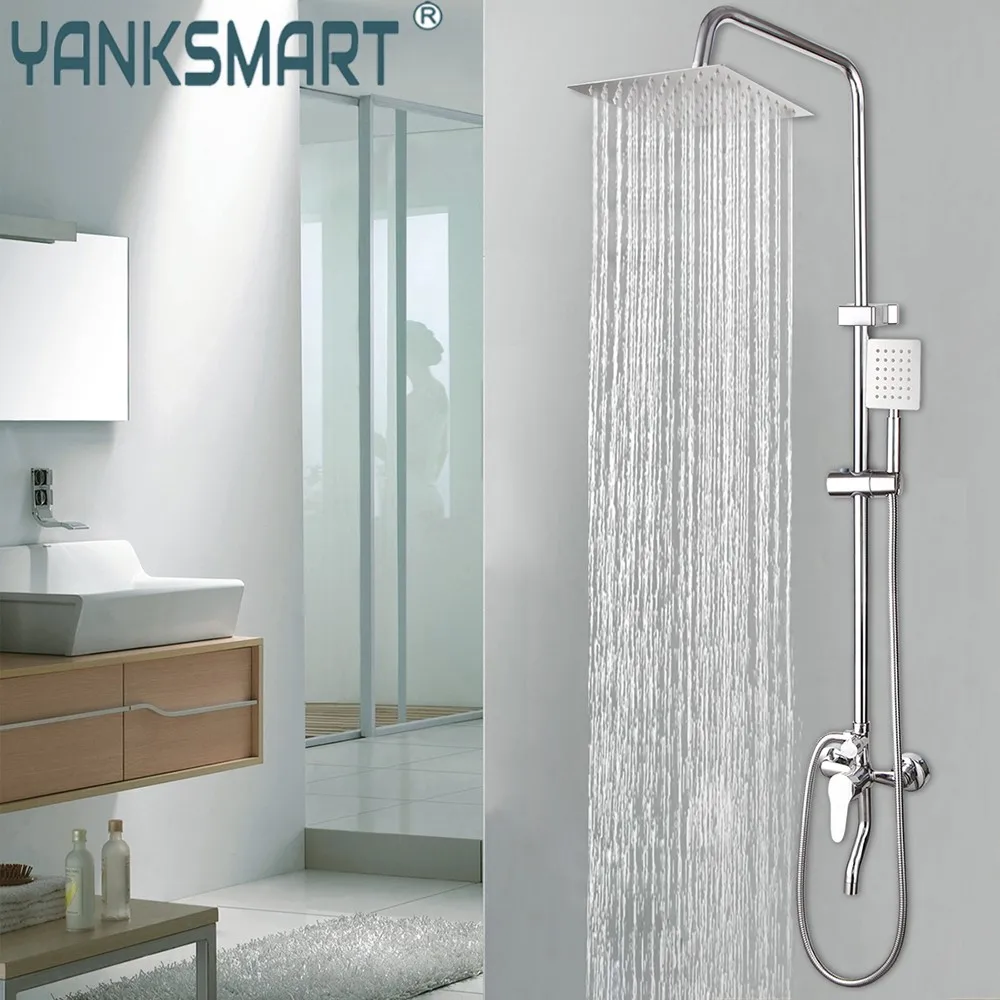 YANKSMART Luxury Chrome Polished Rainfall Wall Mounted Bathroom Shower faucet Set  Adjust Height Handle Shower Mixer Water Tap