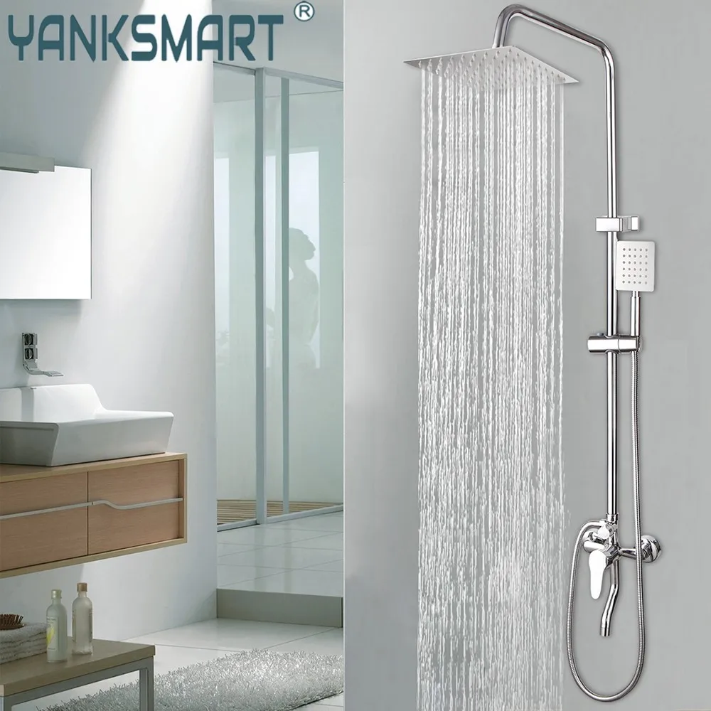 Chrome Polished Rainfall Wall Mounted Bathroom Shower Faucet Set Adjust Height Handle Shower Mixer Water Tap