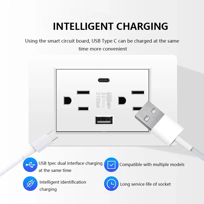 American Standard Wall Type C USB Double Power Socket,US Light Switch PC Panel Outlet,15A Dual Mexican Socket with USB Charging