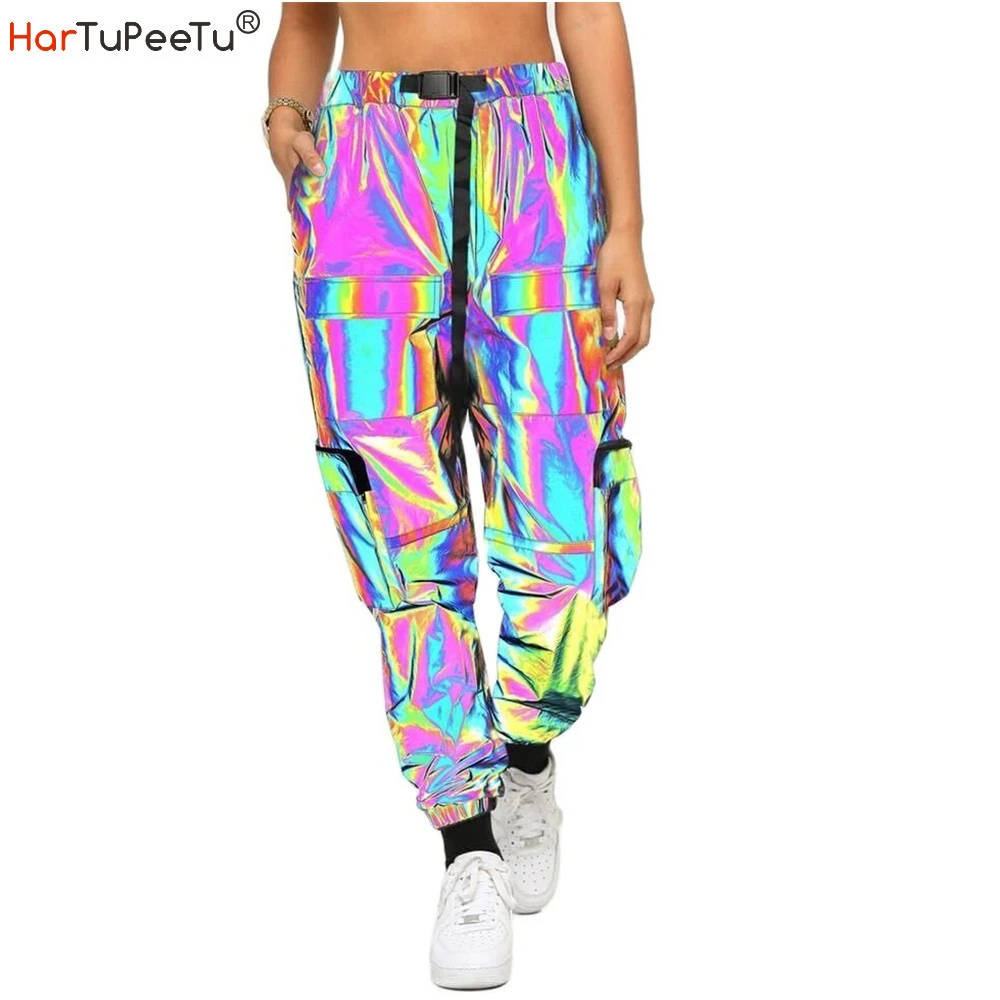 track pants Reflective Cargo Pants Women 2022 Colorful Jogger Tactical Pants with Belt More Pockets Long Loose Girls Night Safety Trousers capri pants