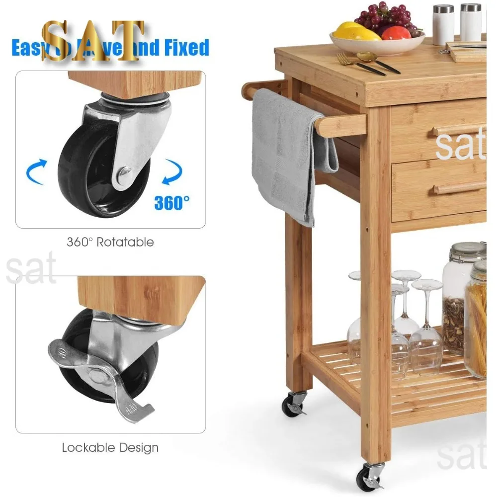 Kitchen Island Cart, Trolley Carts on Wheels, 2 Drawers, Towel Rack, Rolling Kitchen Island Cart