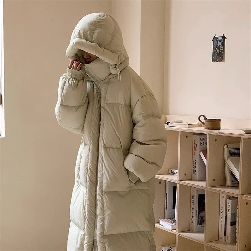 Knee Length Hooded Thickened Down Coat For Women's 2023 Winter New Loose And Warm White Duck Down Jacket C28