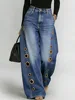 Missuoo Women's Washed Blue High-Waist Metal Grommet Wide Leg Jeans 2026 Casual Loose Fit Streetwear Pants Casual Trousers 1