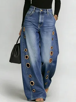 Missuoo Women's Washed Blue High-Waist Metal Grommet Wide Leg Jeans 2026 Casual Loose Fit Streetwear Pants Casual Trousers 1