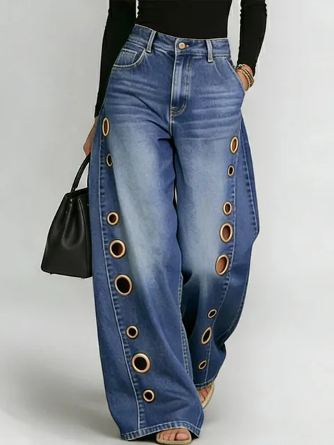Missuoo Women's Washed Blue High-Waist Metal Grommet Wide Leg Jeans 2026 Casual Loose Fit Streetwear Pants Casual Trousers 1