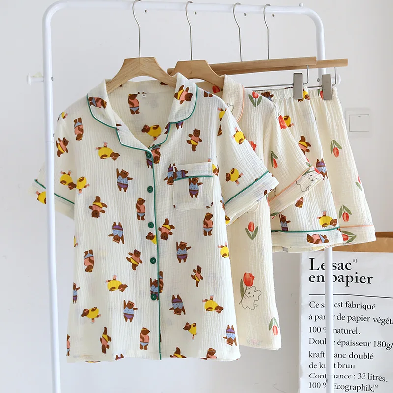 

Новинка 2024, летняя Пижама, кардиган с коротким рукавом и шортами, удобная домашняя одежда с мультяшным рисунком, повседневная женская пижама