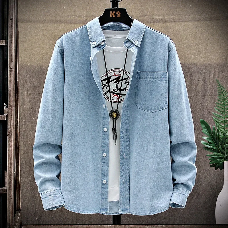 Fashion Large Cotton Denim Long Sleeved Men's Casual Large Loose Work Coat Fashion Shirt Formal Cotton Slim Men Shirt denim shirt long sleeved shirt