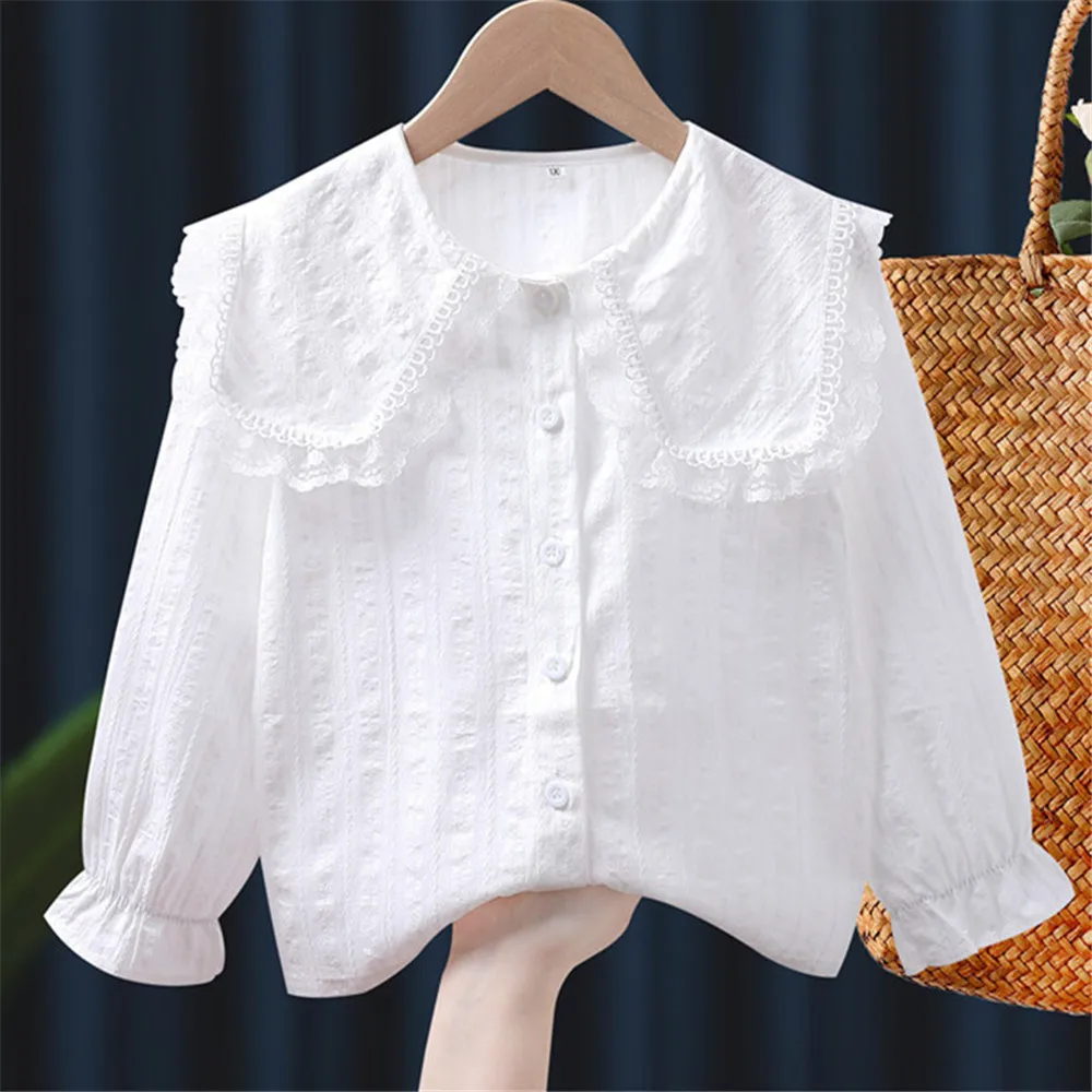 Spring Autumn Baby Toddler Teen Girls Lace White Blouse School Girl Shirt Long Sleeve Kids Shirts Tops Children Clothes