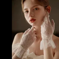 Gants japonais doux en dentelle pour filles, noir et blanc, gothique, Lolita, nœud en maille, fleur, en dentelle, bracelet doux, accessoire de Cosplay de demoiselle d'honneur 2