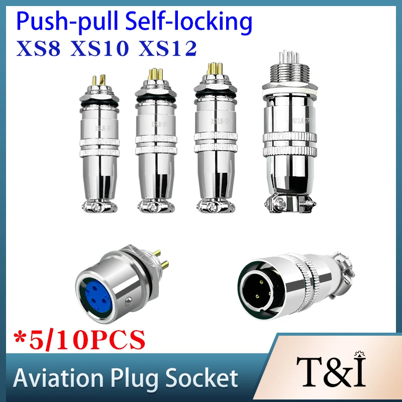 

5/10 Sets XS8 XS10 XS12 Push-pull Self-locking Docking Aviation Gold-plated Plug&Socket 2 3 4 5 6 7-Pin Signal Sensor Connector