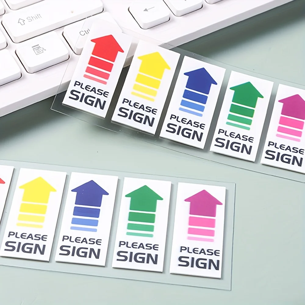 100 Stück bunte Pfeil-Haftnotizen – 5 Farben (Rot, Grün, Gelb, Lila) mit dem Text „SIGN“, Indexregister mit flachem Kopf für Büro, Schule – Detail 8