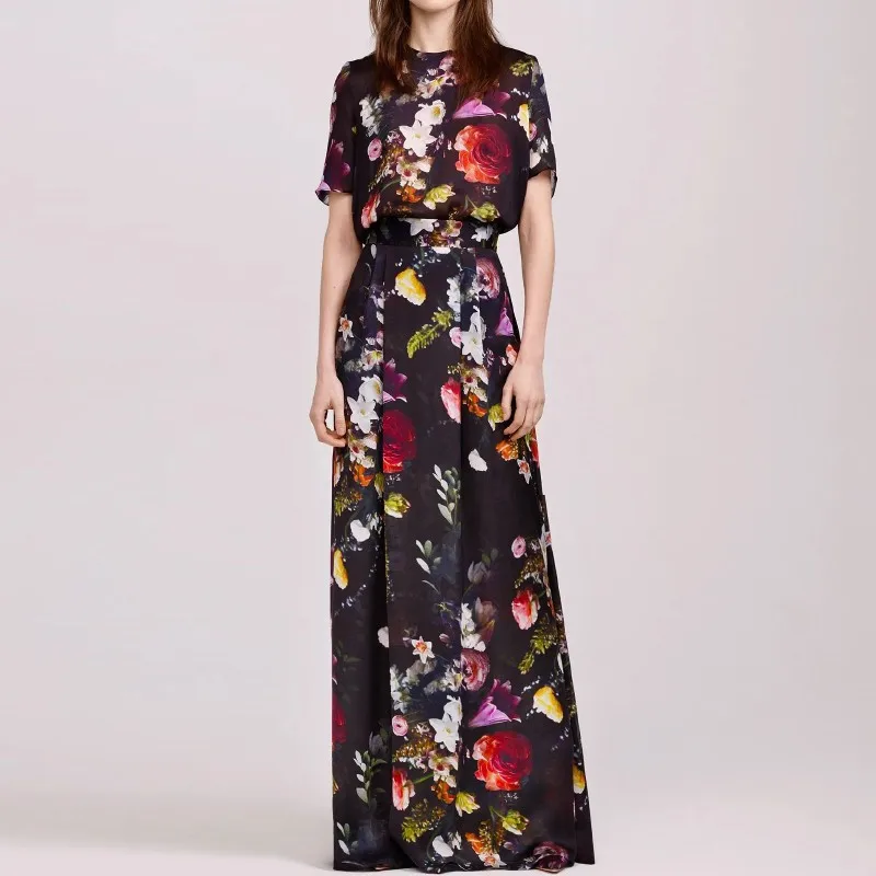 

Vintage Black Flower Printed Long Dresses for Women Runway Designer Elegant O-neck Pleated Maxi Dress Summer Vestido Feminino