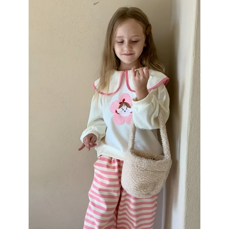 

Girls Suit Spring Autumn 2023 New Fashionable Korean Style Casual Cartoon Printed Hoodie Striped Pants Sweet Two Piece Set
