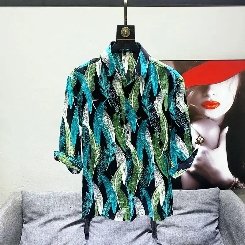 

Мужская цветная рубашка с графическим принтом, белая рубашка с коротким рукавом, элегантный воротник в Корейском стиле,