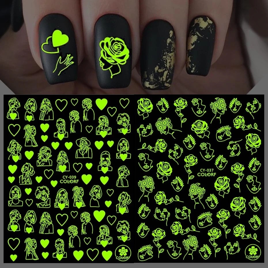 Autoadesivi Astratti Luminosi Di Arte Del Chiodo Del Fronte 3D Rose Heart Moon Sun Leaf Manicure Stickers Glow In The Dark Nail Decor Sacy037-043