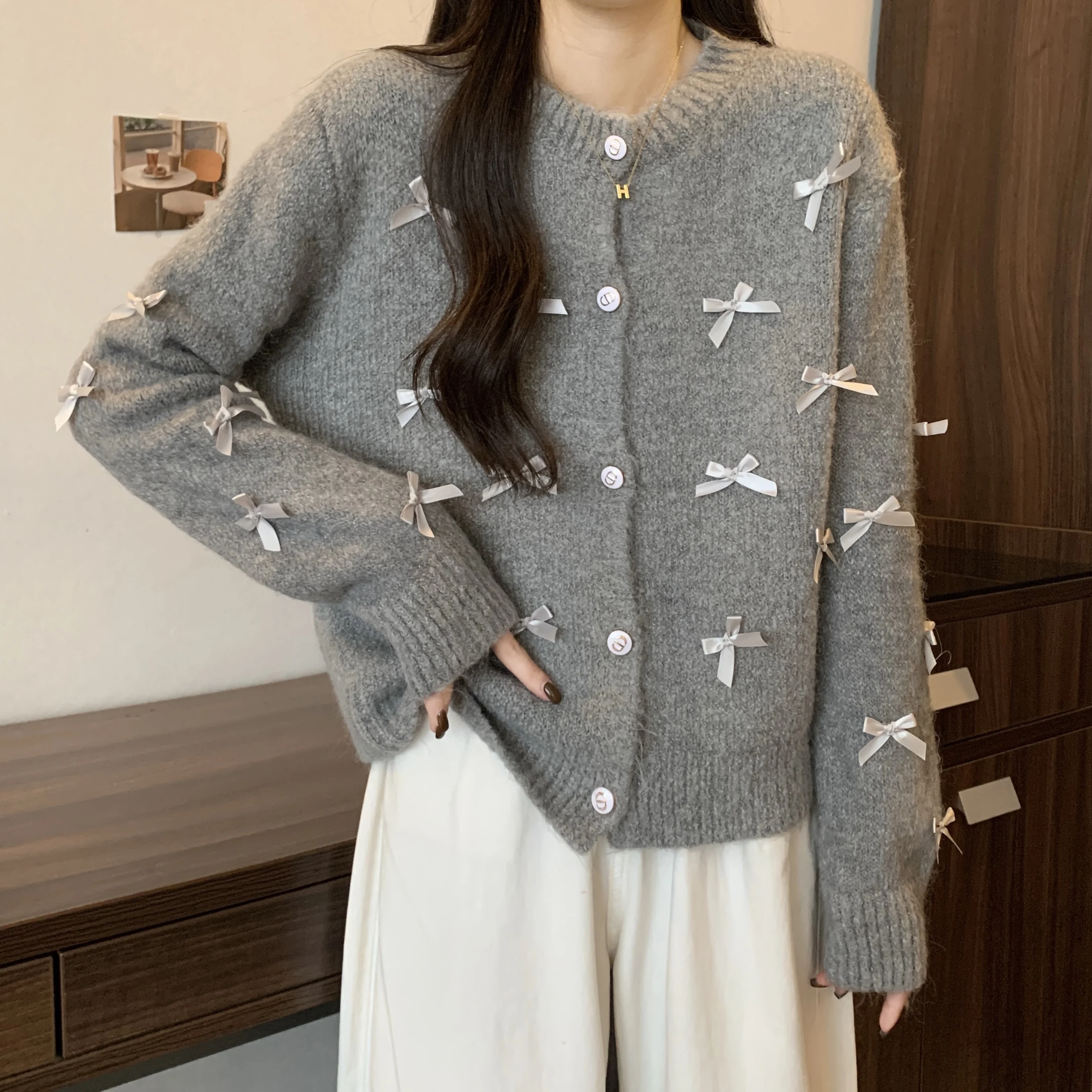 

Women Autumn Spring 2024 Large Size Bow Knit Cardigan Sweater Cashmere Oversize Lazy Style Loose O Neck Jacket X792