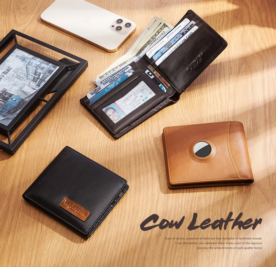 Real Leather RFID Trifold Wallet for Men - Slim Airtag Card Holder with ID Window