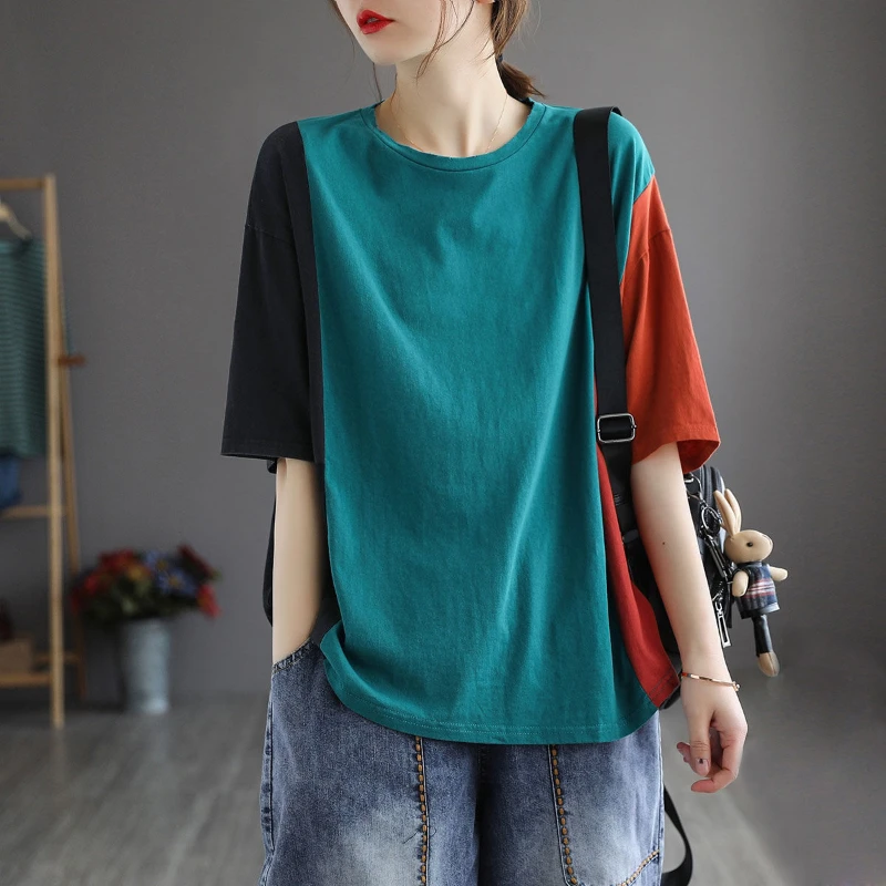 

Vintage Contrast T Shirts Summer New Short Sleeve O-neck Patchwork Loose Plus Size All-match Tops Casual Fashion Women Clothing