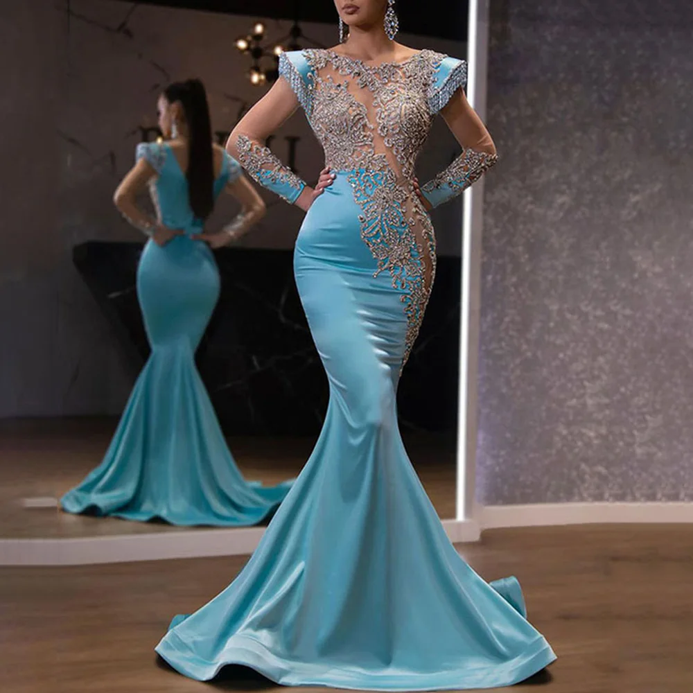 

2023 New Arrival Green Lace Mermaid Prom Dresses Long Sexy Illusion Sleevess Evening Party Dresses Vestido de Festa