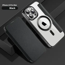 Luxury Electroplated Flip Leather Case with Magsafe Wireless Charging Protection for iPhone 14 (Black)
