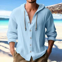Chemise à capuche à manches longues en lin massif pour hommes, Streetwear décontracté, haut à boutons, coupe ample, Cardigan, vêtements pour hommes 3